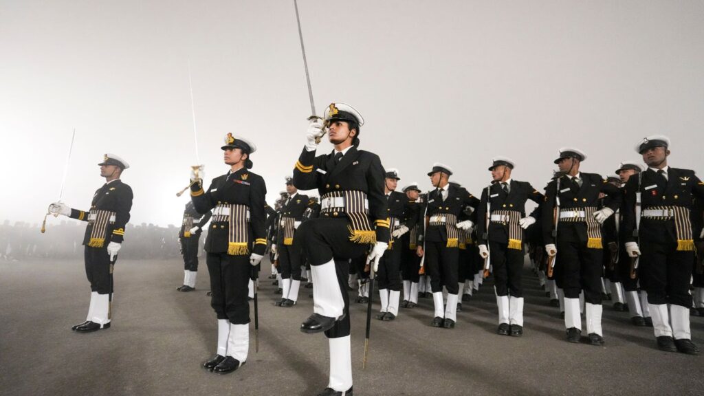 New Delhi: Indian naval band performs during rehearsals amid dense fog on a cold winter morning ahead of the Republic Day Parade, in New Delhi, Friday, Jan. 16, 2026. (PTI Photo/Kamal Kishore)
