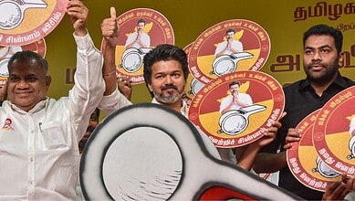 Vijay at a Tamilaga Vettri Kazhagam (TVK) rally in Mamallapuram, Tamil Nadu (PTI Photo)