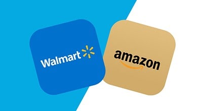 Walmart and Amazon app icons displayed on a vibrant background, representing online shopping platforms.