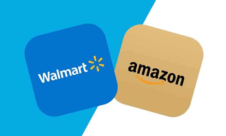 Walmart and Amazon app icons displayed on a vibrant background, representing online shopping platforms.
