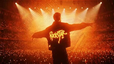 Anirudh on stage at Hyderabad concert with fans in the background.