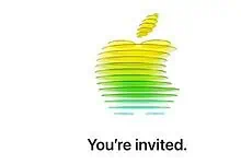 Apple logo with layered rainbow colours on a white background.