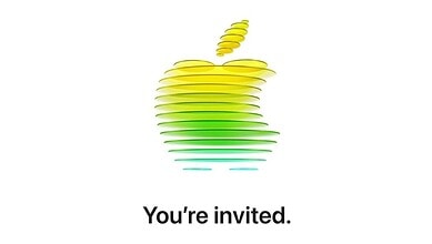Apple logo with layered rainbow colours on a white background.