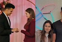 Wedding couple exchanging rings at a celebration event.