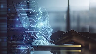 AI digital interface with human profile and data streams.