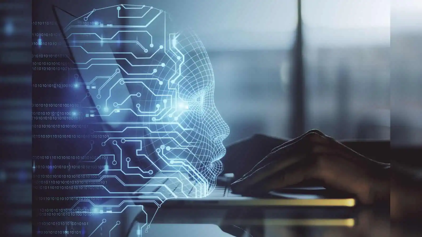 AI digital interface with human profile and data streams.