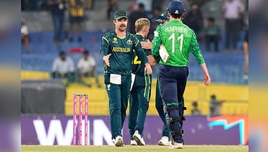 Australia cricket team celebrating after a successful match against Ireland.