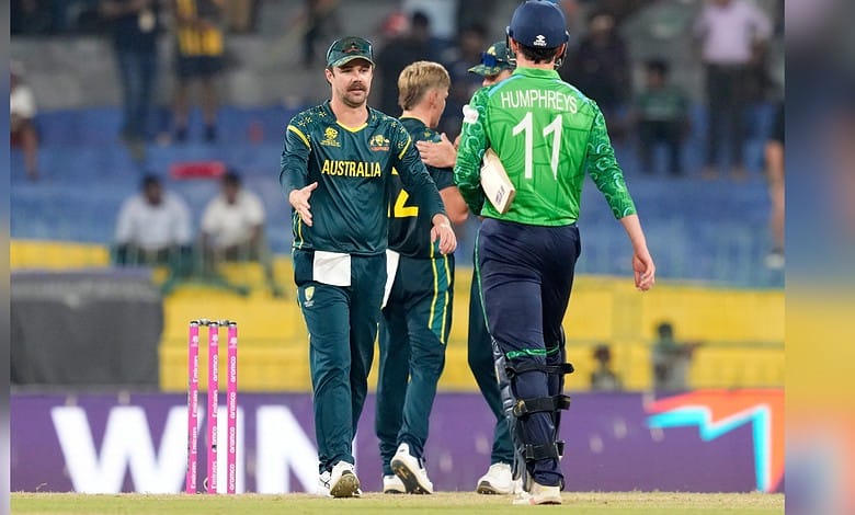 Australia cricket team celebrating after a successful match against Ireland.