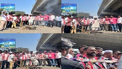 BRS leaders protest under the bridge against Rajendra Nagar's integration with GHMC.