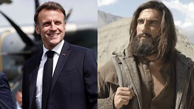 Side-by-side image of a smiling man in a suit and a rugged man with long hair and beard in a desert setti.