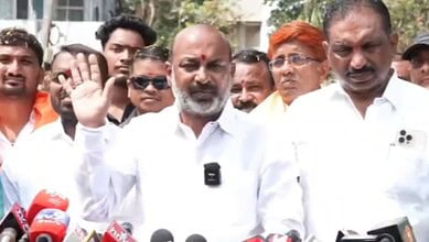 The image shows Union Minister of State for Home Affairs Bandi Sanjay addressing the media persons in Hyderabad on Friday, February 27, 2026.