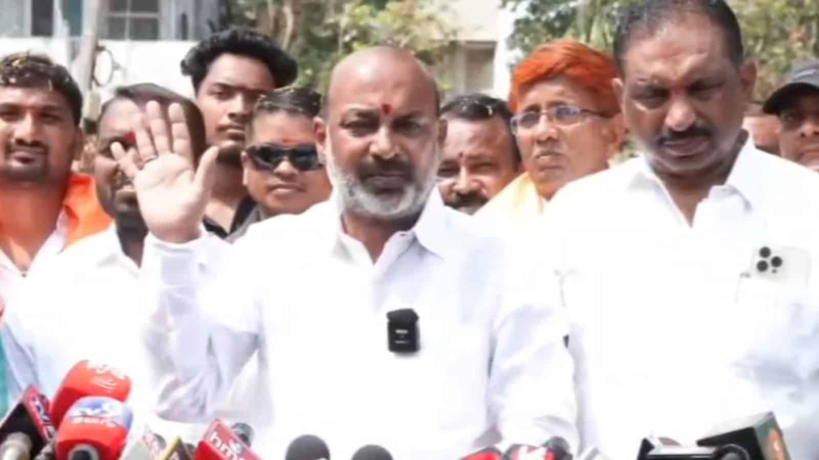 The image shows Union Minister of State for Home Affairs Bandi Sanjay addressing the media persons in Hyderabad on Friday, February 27, 2026.