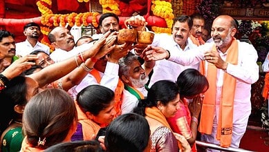 Politicians and crowd at a temple attack protest, highlighting rising tensions since Congress's rise to p.