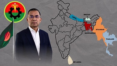 BNP leader with map of Bangladesh showing election results and key regions.