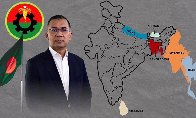 BNP leader with map of Bangladesh showing election results and key regions.