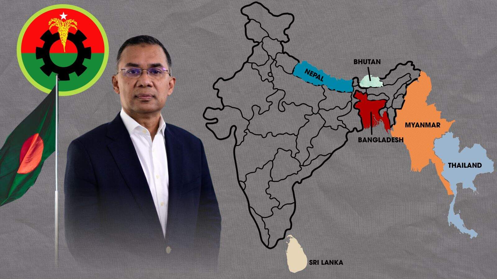 BNP leader with map of Bangladesh showing election results and key regions.