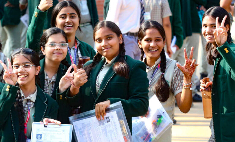Students queue up outside an examination centre as the Central Board of Secondary Education (CBSE) Class 10 and 12 board examinations commence. (Source: PTI)