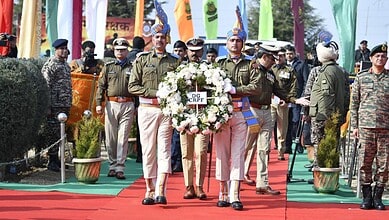 CRPF soldiers paying tribute during Pulwama attack anniversary event.