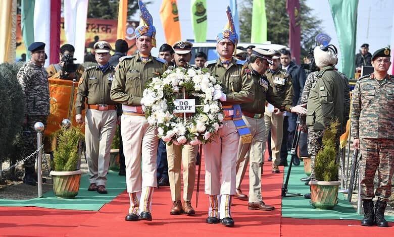 CRPF soldiers paying tribute during Pulwama attack anniversary event.