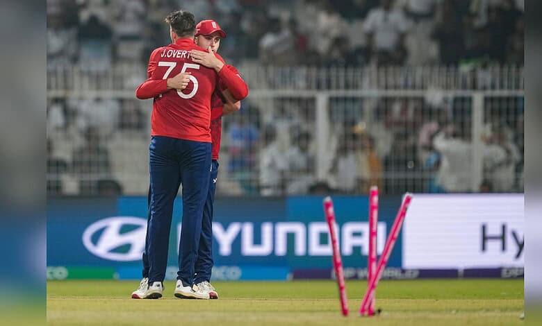 England's Jamie Overton celebrates with teammate after taking Italy's last wicket during the 2026 ICC Men's T20 World Cup cricket match between England and Italy at the Eden Gardens in Kolkata on Monday, February 16.