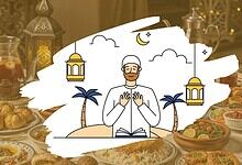 A Muslim man praying with hands raised, surrounded by traditional food and lanterns during Ramzan.