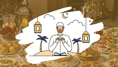 A Muslim man praying with hands raised, surrounded by traditional food and lanterns during Ramzan.