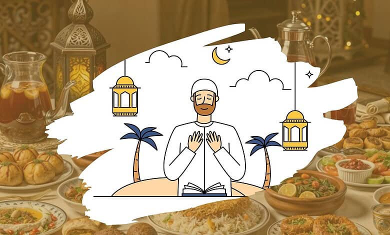 A Muslim man praying with hands raised, surrounded by traditional food and lanterns during Ramzan.