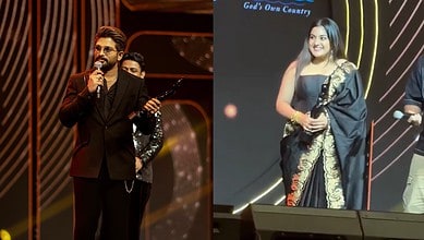 Celebrating winners at the 70th Filmfare Awards South Telugu ceremony with awards and smiles.