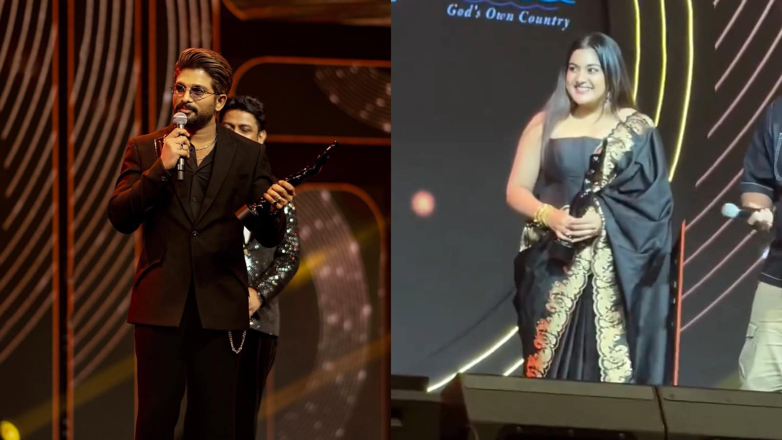 Celebrating winners at the 70th Filmfare Awards South Telugu ceremony with awards and smiles.
