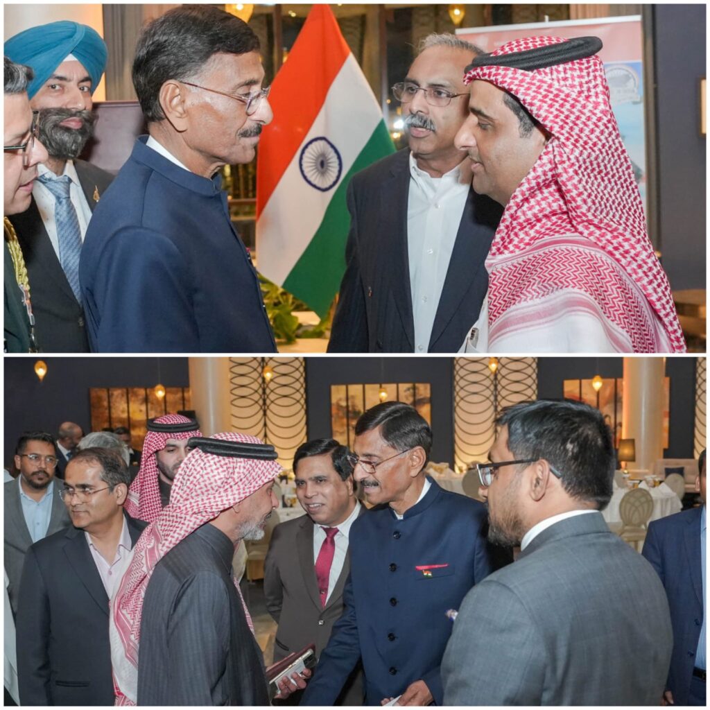 Indian and Saudi officials engaging in discussions at the defence exhibition.