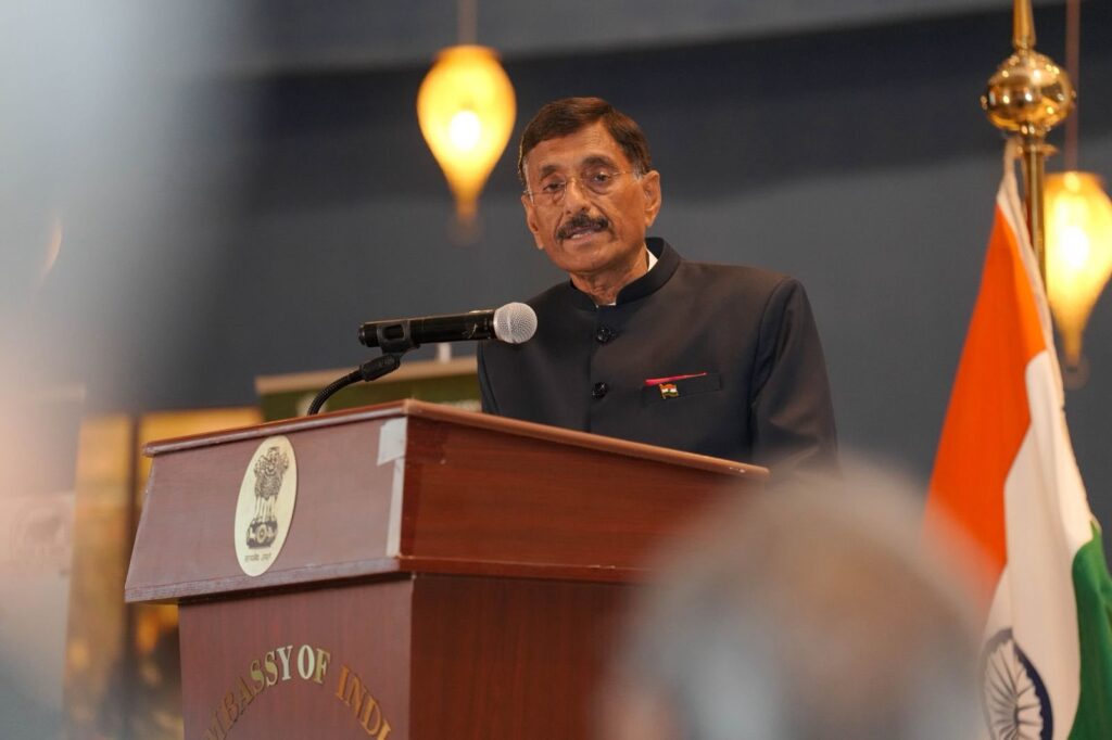 Indian official speaking at the World Defence Show in Saudi Arabia, highlighting indigenous defence.