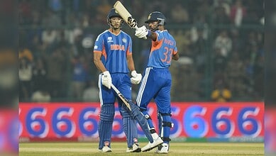 India cricket players celebrating during a match against Namibia in the T20 World Cup.