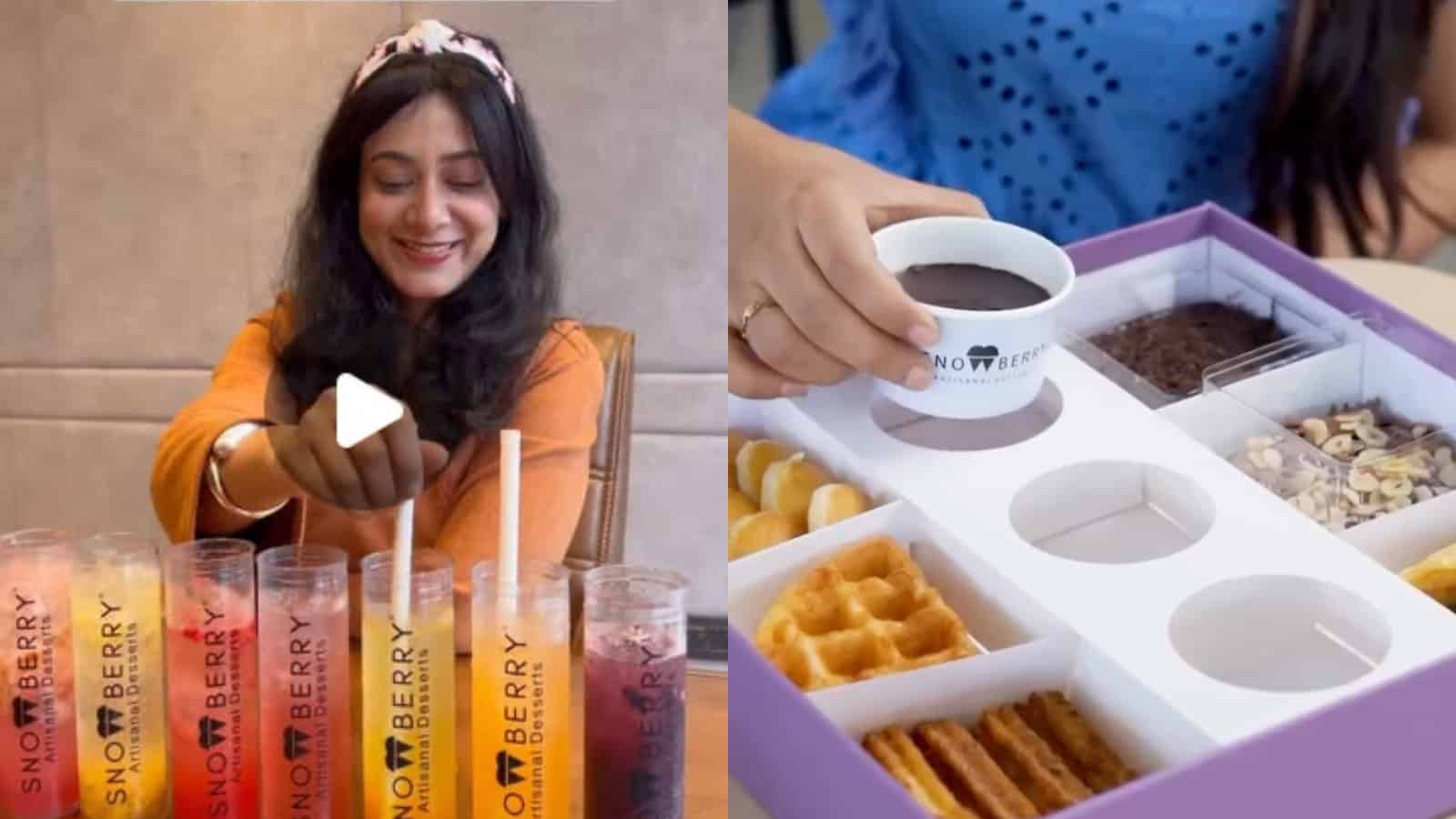 Young woman enjoying Korean dessert with colourful drinks and snacks.