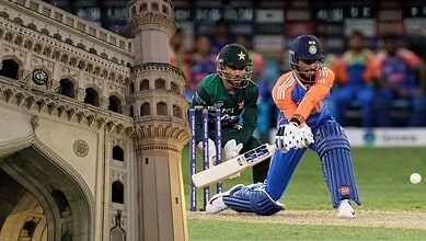 An intense cricket match in Hyderabad showing players in action on the pitch.