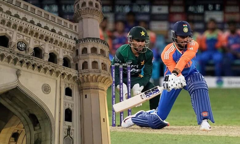 An intense cricket match in Hyderabad showing players in action on the pitch.