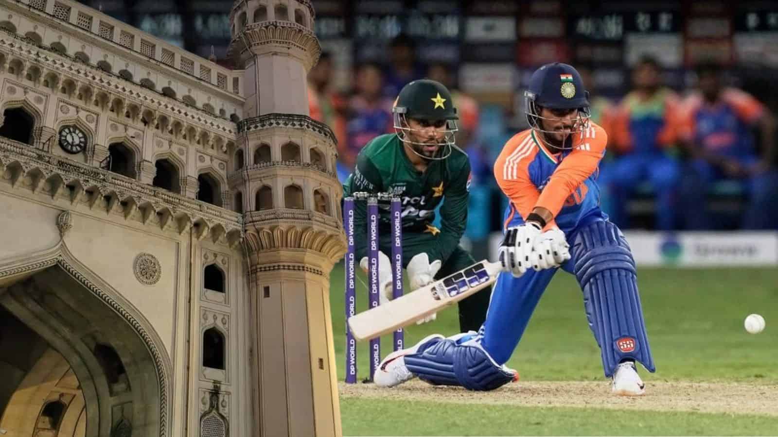 An intense cricket match in Hyderabad showing players in action on the pitch.