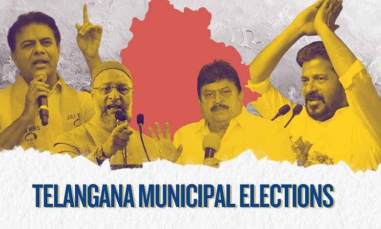Telangana Congress leaders celebrating election victory with raised hands and microphones.