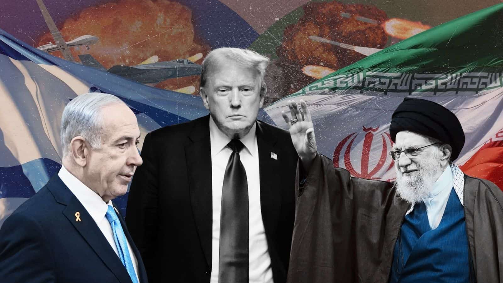 US, Iran, and Israel leaders amid space-themed background, highlighting geopolitical tensions.