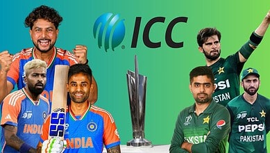 Cricket players from India and Pakistan competing in a high-stakes match.