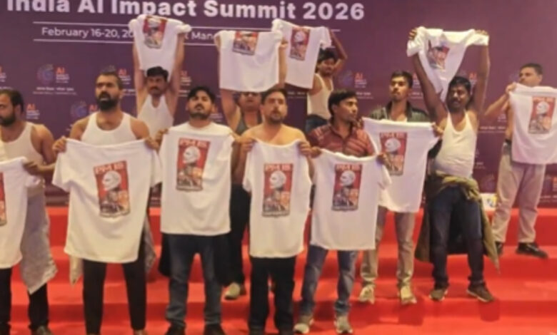 Indian Youth Congress protest at AI Summit in New Delhi on Friday, February 20.