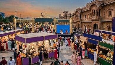 Vibrant Hyderabad Iftaar festival with food stalls, cultural performances, and festive decorations during.