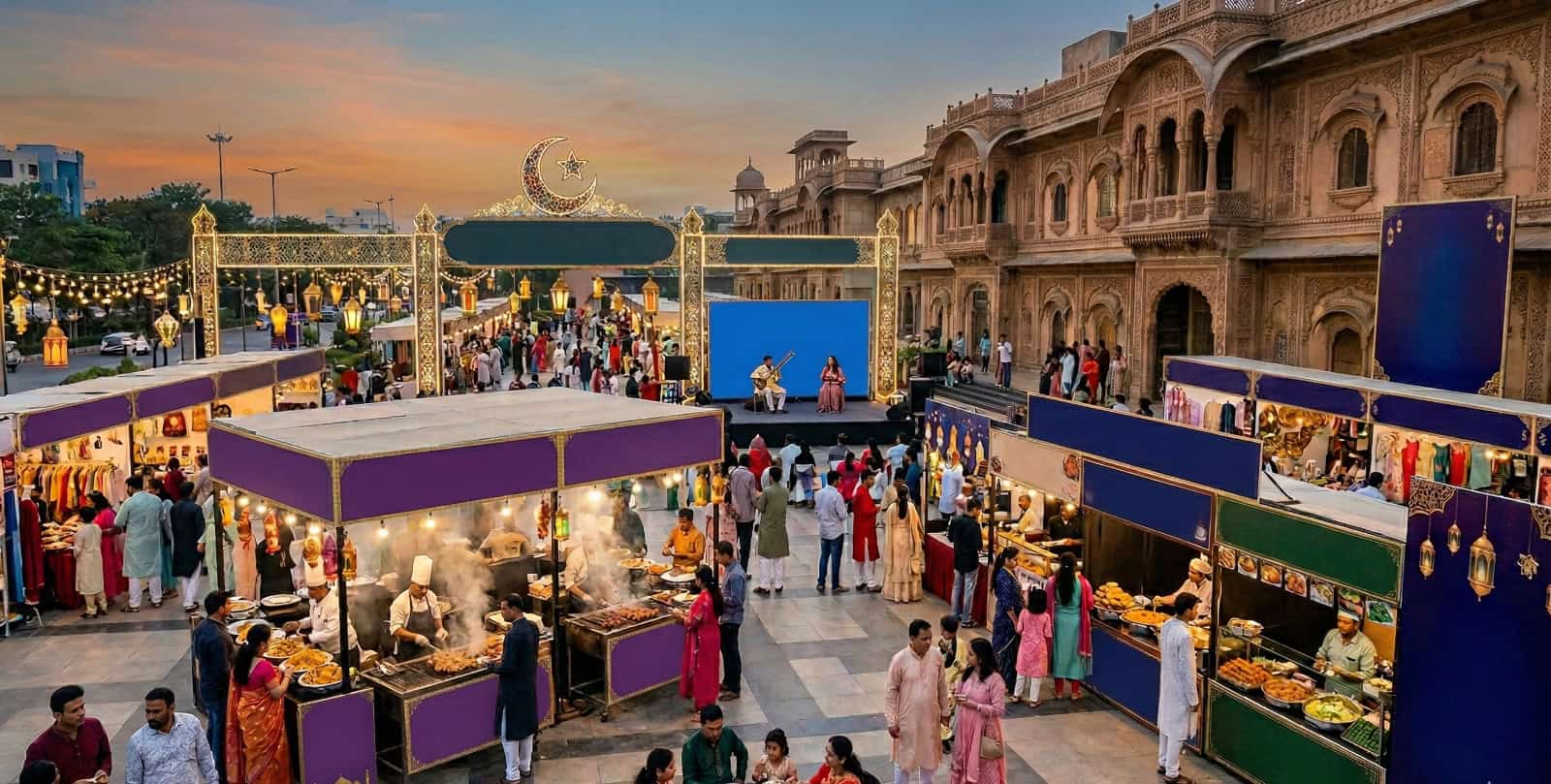 Vibrant Hyderabad Iftaar festival with food stalls, cultural performances, and festive decorations during.