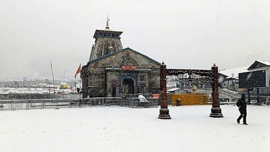 Kedarnath Temple in snow, set to reopen on April 22 after winter closure.