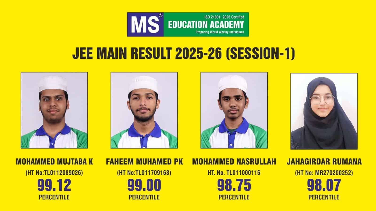 Group of three male students from MS Education Academy celebrating JEE Main 2026 results.