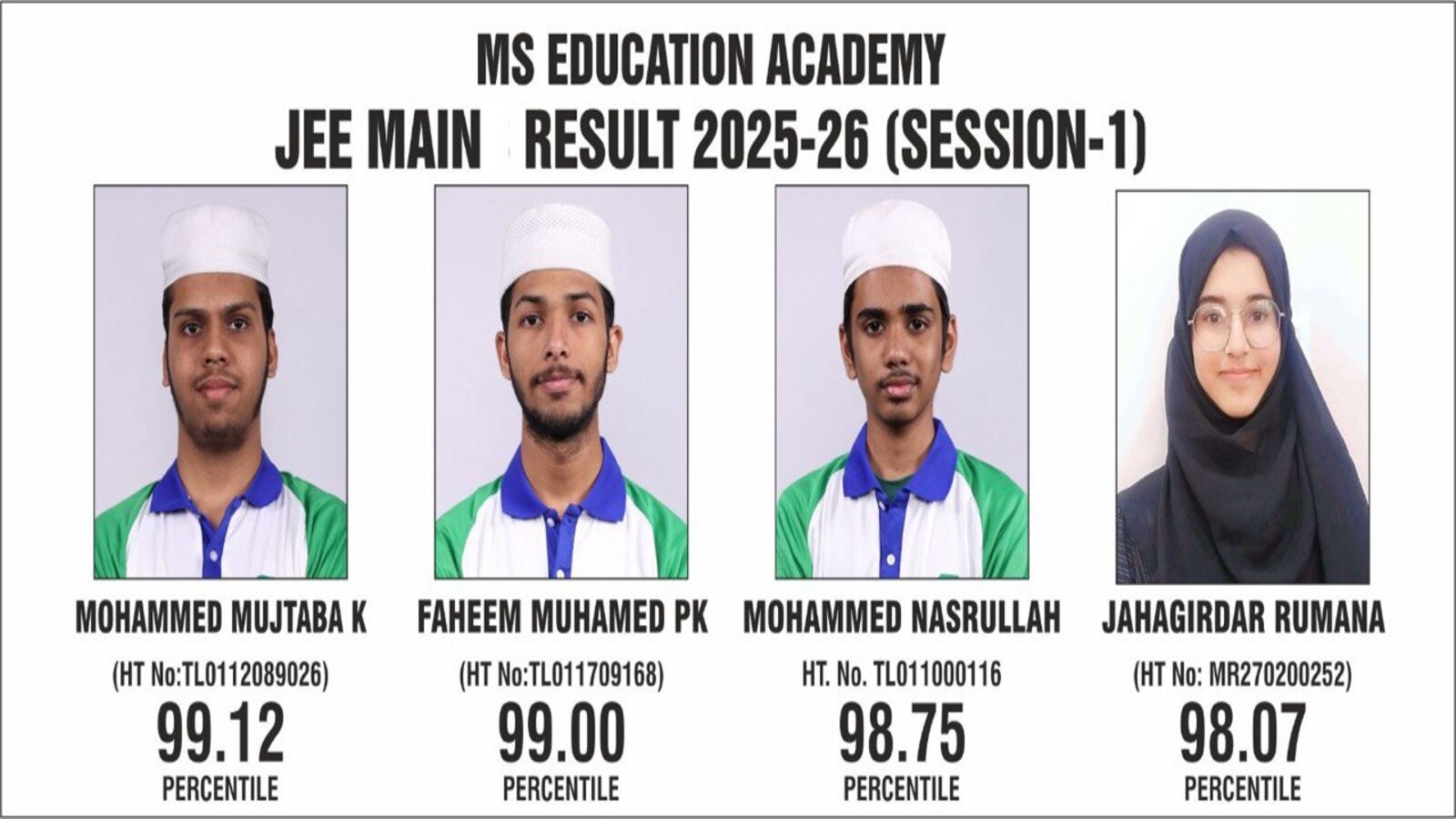 Students from MS Education Academy with top JEE Main 2026 results.