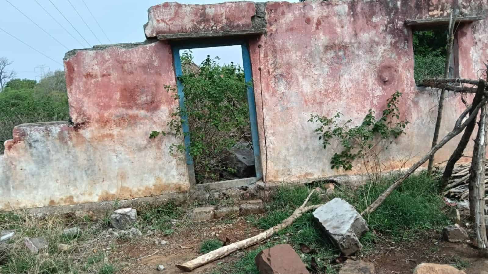 The image shows the remnants of the Pukka houses of Chenchus demolished in Rayaleti Penta of Nagarkurnool district in 2021.