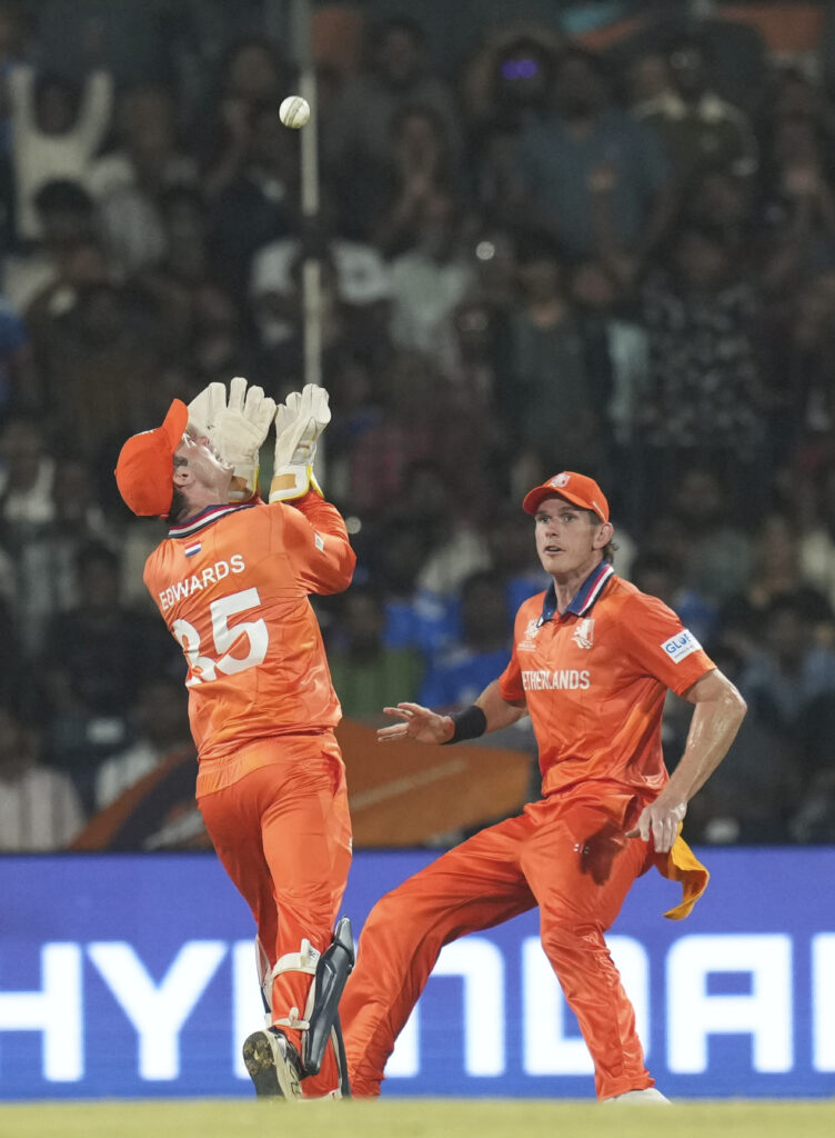 Dutch cricket players celebrating during a match at the T20 World Cup.
