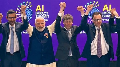 OpenAI and Anthropic CEOs at AI summit, celebrating collaboration and leadership in artificial intelligen.