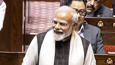 Prime Minister Narendra Modi in the Rajya Sabha before his reply to the Motion of Thanks to the President's address during the Budget session of Parliament