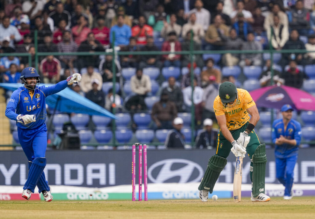 South Africa's bowler celebrates after dismissing the UAE batsman during the T20 World Cup match.